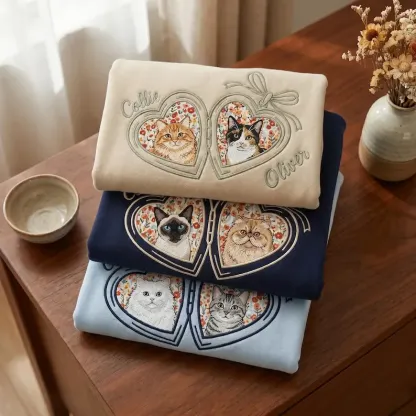 Custom Pet Portrait Embroidered Sweatshirt with Floral Applique Locket Heart with Bow