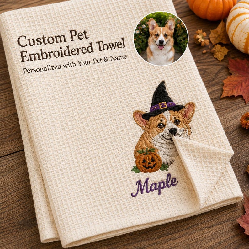 May include: A cream-colored waffle-weave towel featuring embroidered text Custom Pet Embroidered Towel, a circular photo of a Corgi, and an embroidered Corgi wearing a black witch hat next to a pumpkin with the name Maple stitched in purple.
