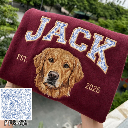 Custom Pet Portrait Embroidered Sweatshirt with Chinoiserie Appliqué Name