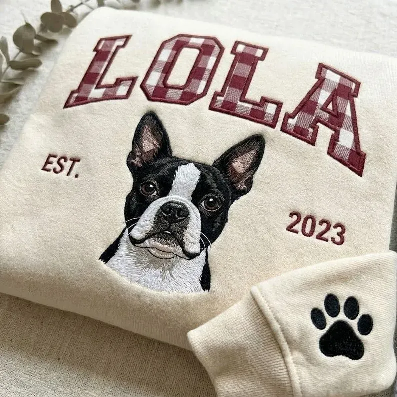Custom Pet Portrait Embroidered Sweatshirt with Gingham Varsity Name