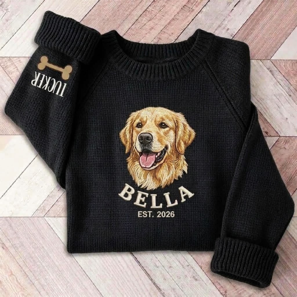 Custom Pet Portrait Knit Sweater, Personalized Dog Embroidered Sweater, Pet Lover Gift