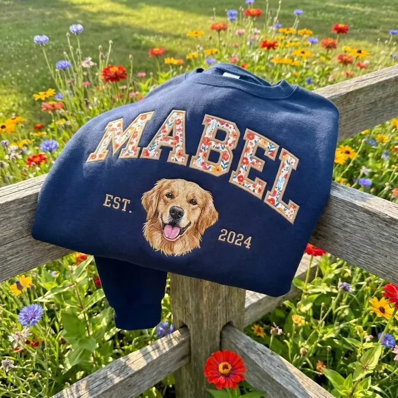 Custom Pet Portrait Floral Applique Embroidered T-Shirt Sweatshirt - Personalized Gift for Pet Lovers with EST Year