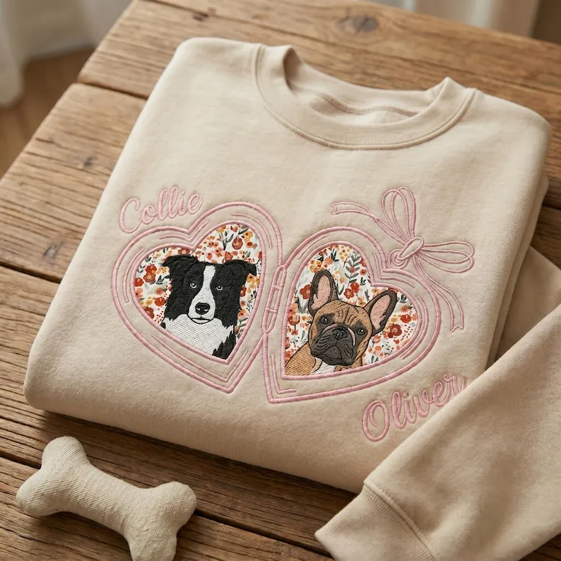 Custom Pet Portrait Embroidered Sweatshirt with Floral Applique Locket Heart with Bow