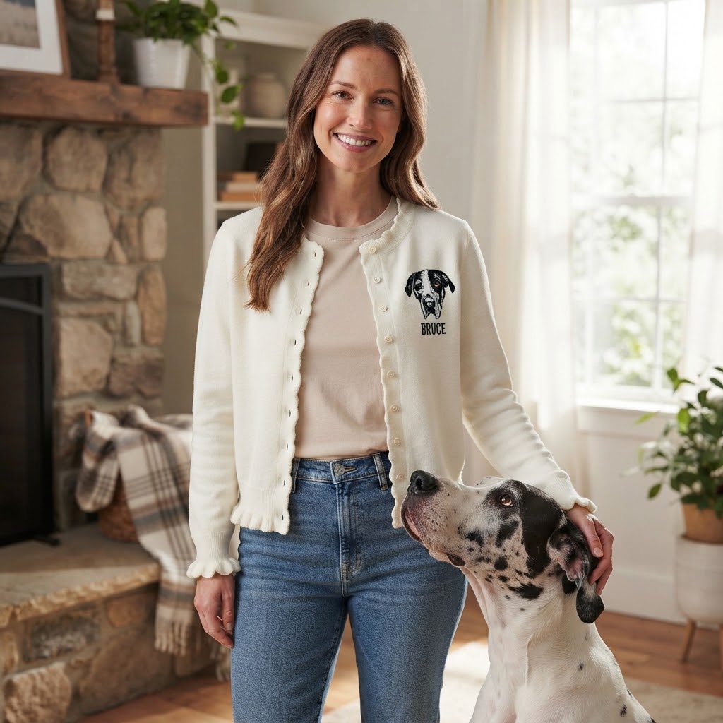 Custom Pet Portrait Ruffle Knit Cardigan, Personalized Embroidered Dog & Cat Sweater, Cozy Fall Winter Outfit for Pet Lovers