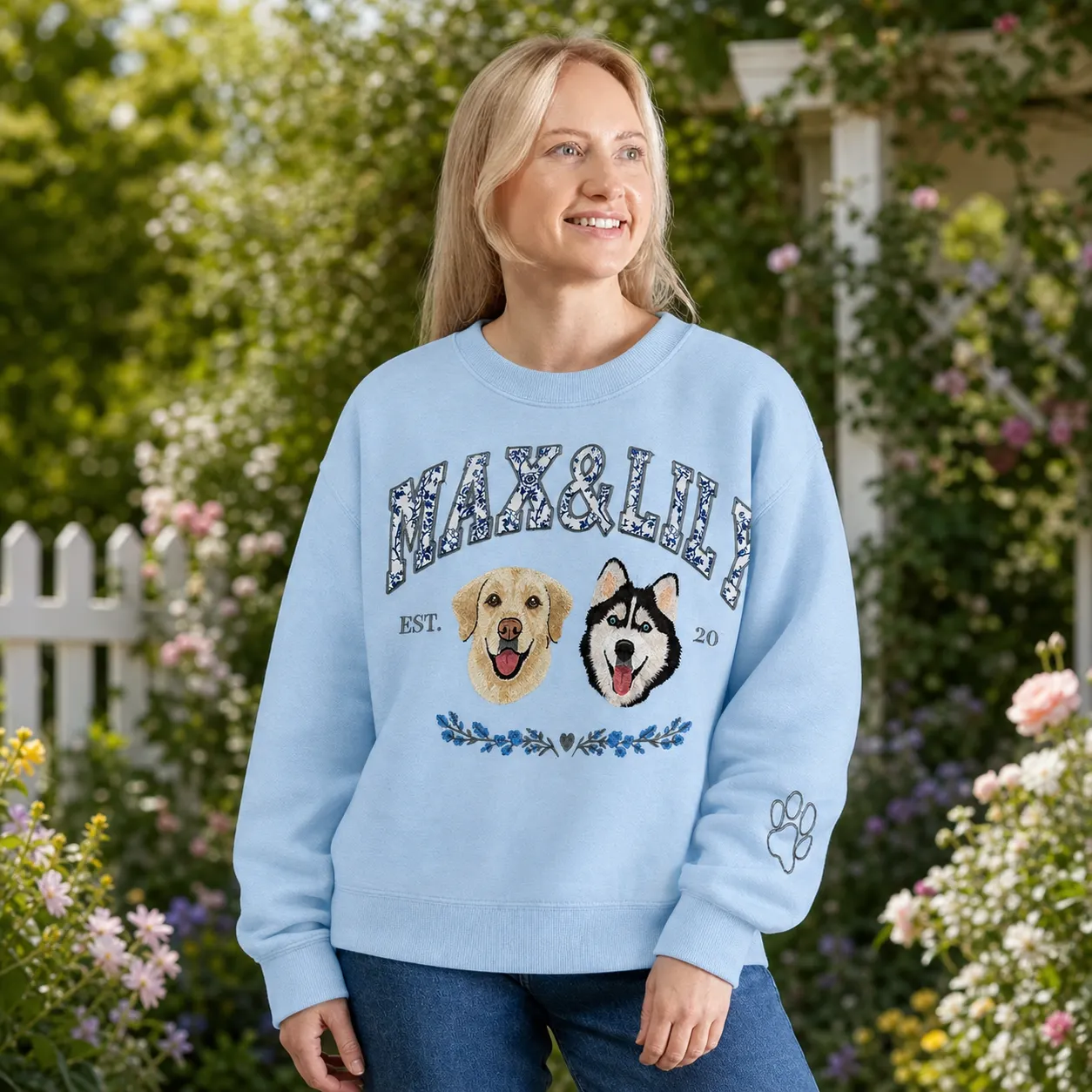 Custom Multiple Pet Portrait Floral Applique Embroidered Sweatshirt Personalized Dog Cat Gift for Pet Lovers