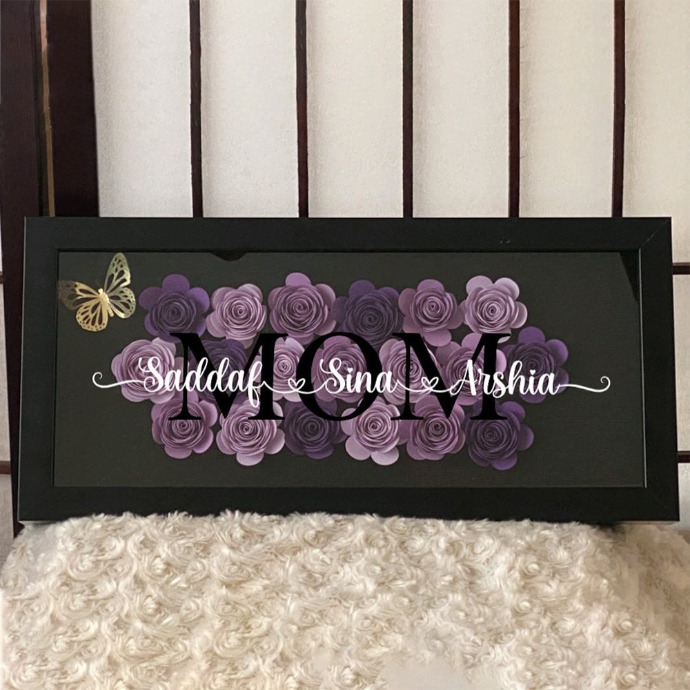 Personalized Mom Flower Shadow Box With Kids Name And Butterflies-forlovever
