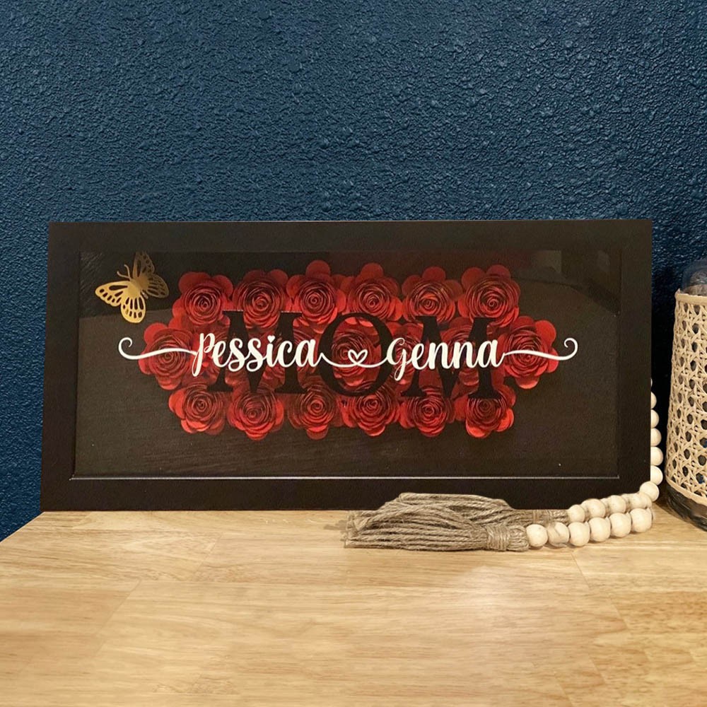 Personalized Mom Flower Shadow Box With Kids Name And Butterflies-forlovever