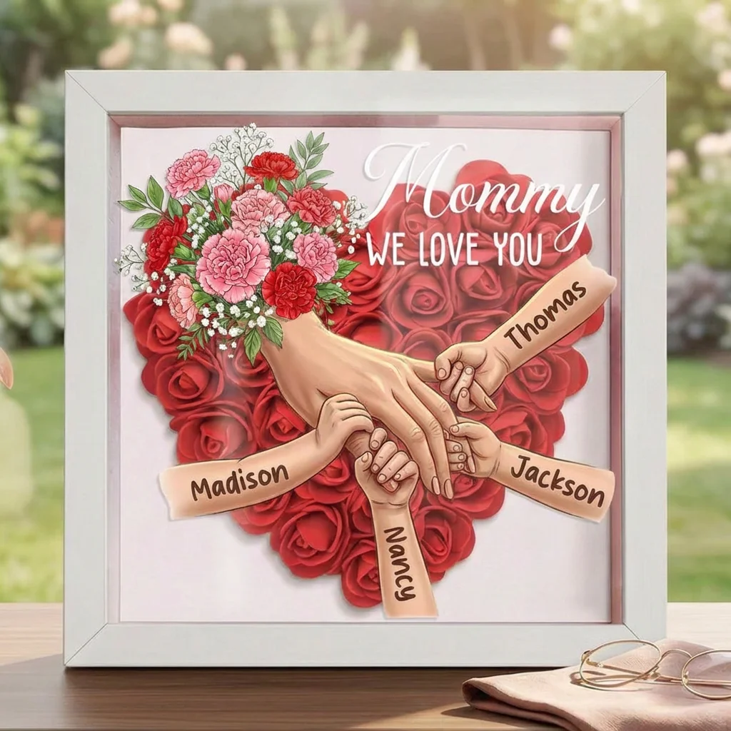 Forlovever™ Carnation Personalized Mom Holding Hands Memorial Shadow Box – Custom Name Remembrance Frame, Mother’s Day In Loving Memory Gift