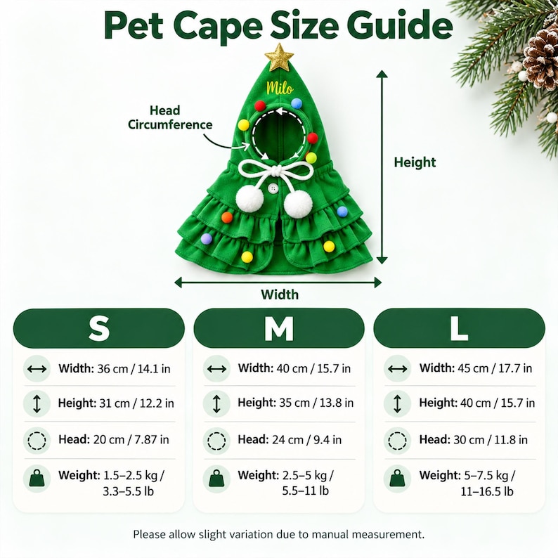 May include: A green pet cape shaped like a Christmas tree with a gold star, white pom-poms, and colorful mini pom-poms. The text reads Pet Cape Size Guide, Milo, Head Circumference, Height, and Width. A size chart lists S, M, and L measurements in inches and lbs.