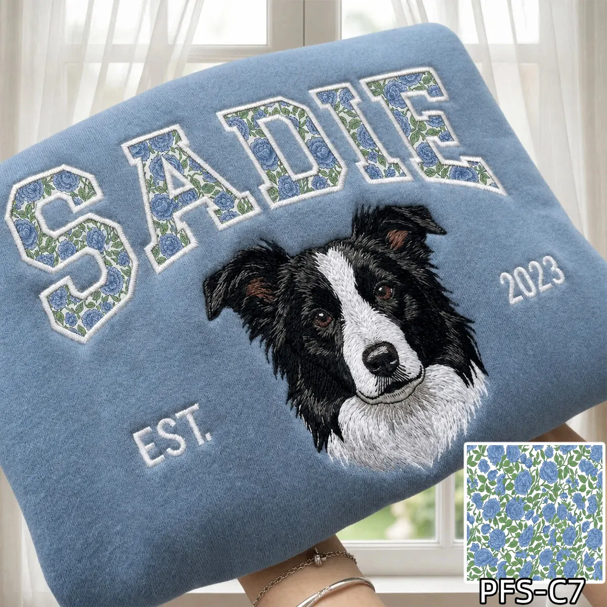 Custom Pet Portrait Embroidered Sweatshirt with Chinoiserie Appliqué Name
