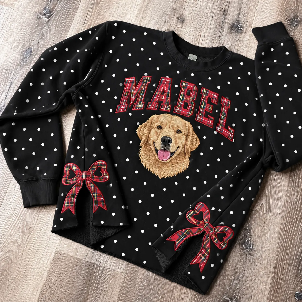 Personalized Pet Portrait Embroidered Polka Dot Sweatshirt with Plaid Bow Side Slits