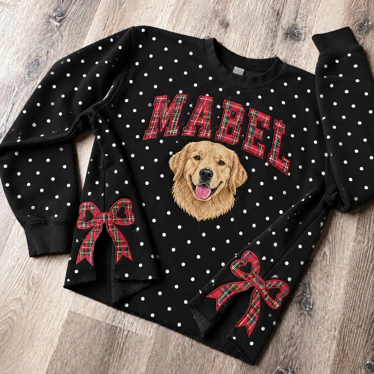 Personalized Pet Portrait Embroidered Polka Dot Sweatshirt with Plaid Bow Side Slits
