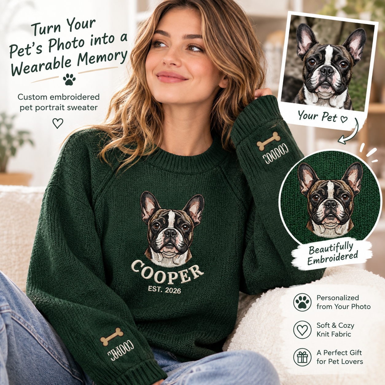 Custom Pet Portrait Knit Sweater, Personalized Dog Embroidered Sweater, Pet Lover Gift