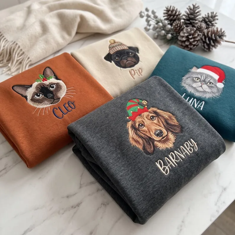 Personalized Pet Christmas Sweatshirt — Embroidered Dog or Cat Portrait with Holiday Hat