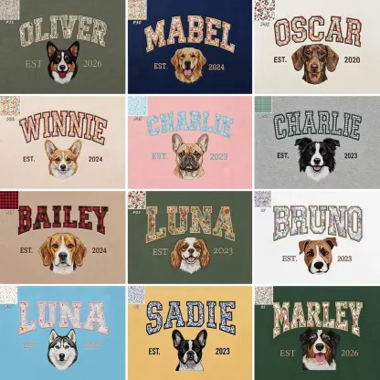 Custom Pet Portrait Floral Applique Embroidered T-Shirt Sweatshirt - Personalized Gift for Pet Lovers with EST Year