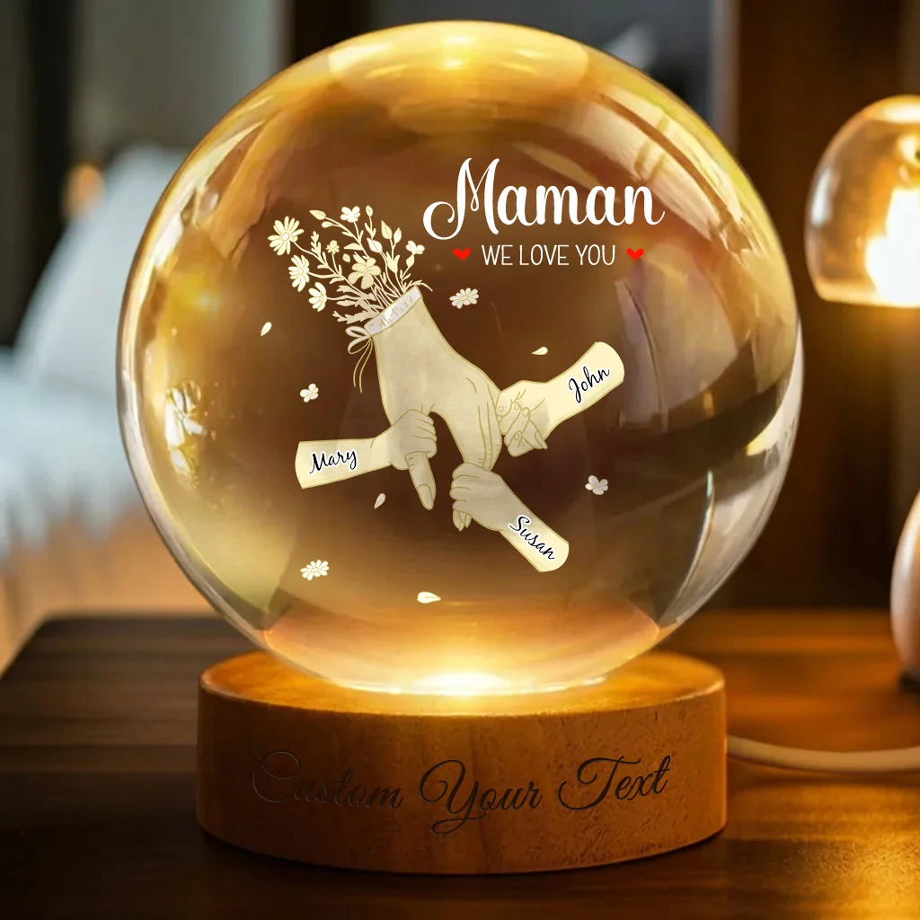 Holding Mommy's Hand and We Love You - Child's Name Lamp, Crystal 3D Ball Lamp