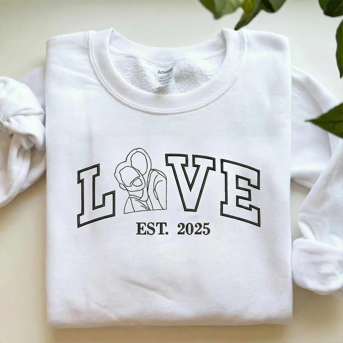 Custom Embroidered Outline Photo Couple LOVE Est Year Sweatshirt/Hoodie/T-shirt