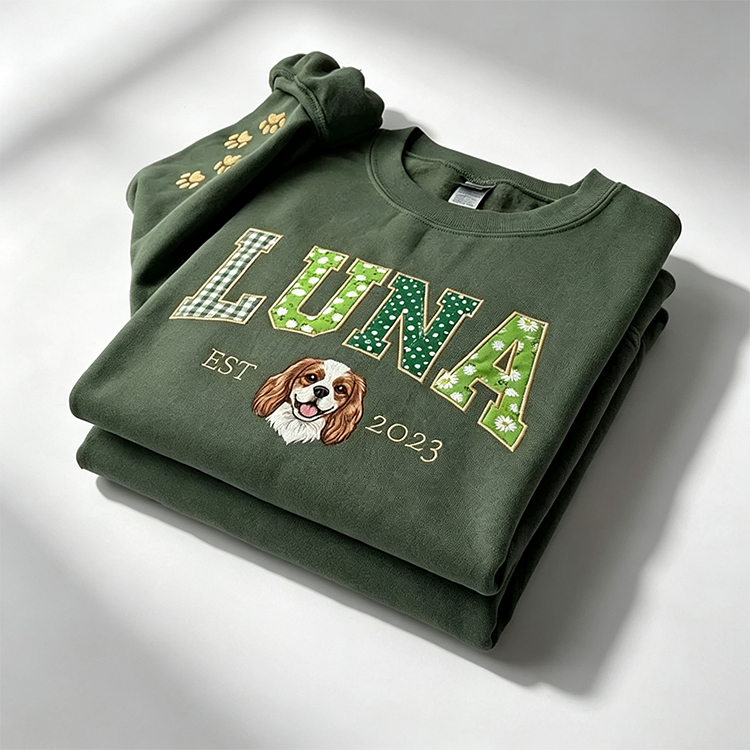 Patchwork Fabric Pet Portrait Embroidered Sweatshirt Custom Dog Cat Gift for Pet Lovers
