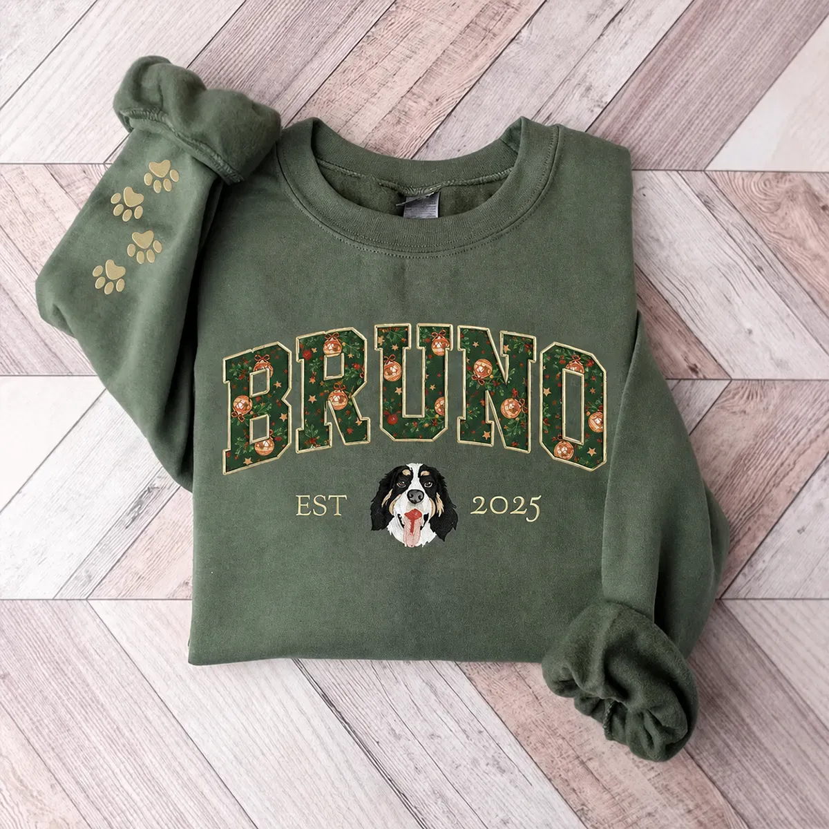 Custom Pet Portrait Embroidered Sweatshirt with Christmas Festive Name Applique
