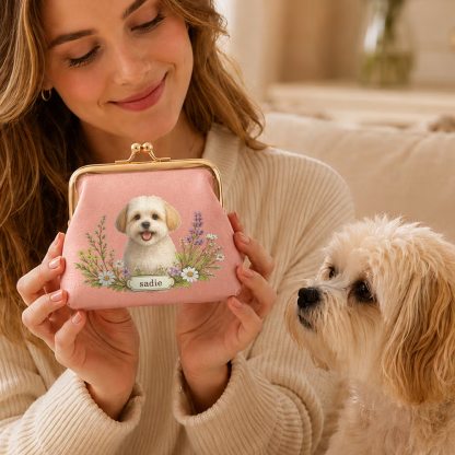 Personalized Floral Pet Photo Portable PU Leather Coin Purse with Name and Kiss Lock Travel Essential Birthday Gift for Dog Cat Pet Owner Lovers