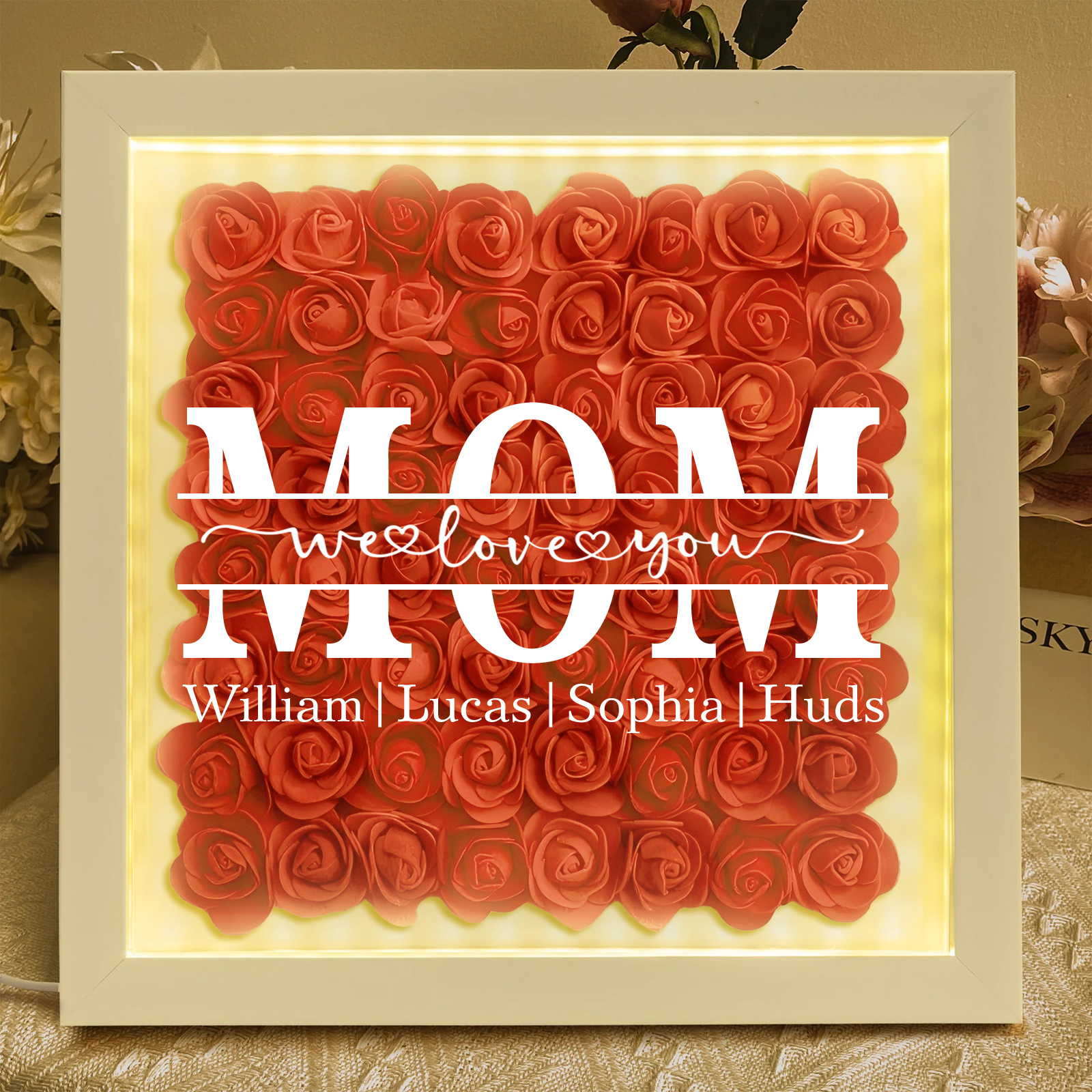 We Love You Mom - Personalized Flower Shadow Box With LED Light-forlovever