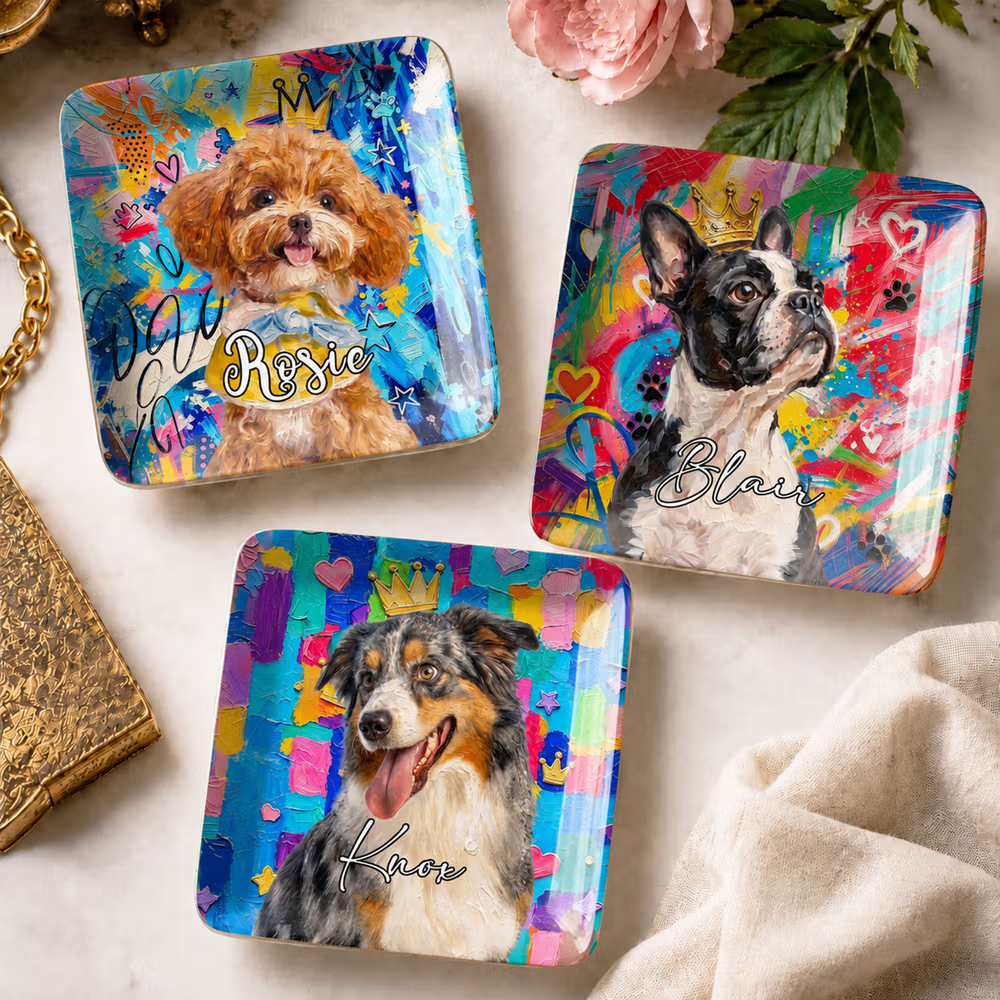 Personalized Graffiti Colorful Oil Painting Style Pet Photo Square Ceramic Trinket Jewelry Dish with Name Daily Use Birthday Gift for Pet Owner Lover