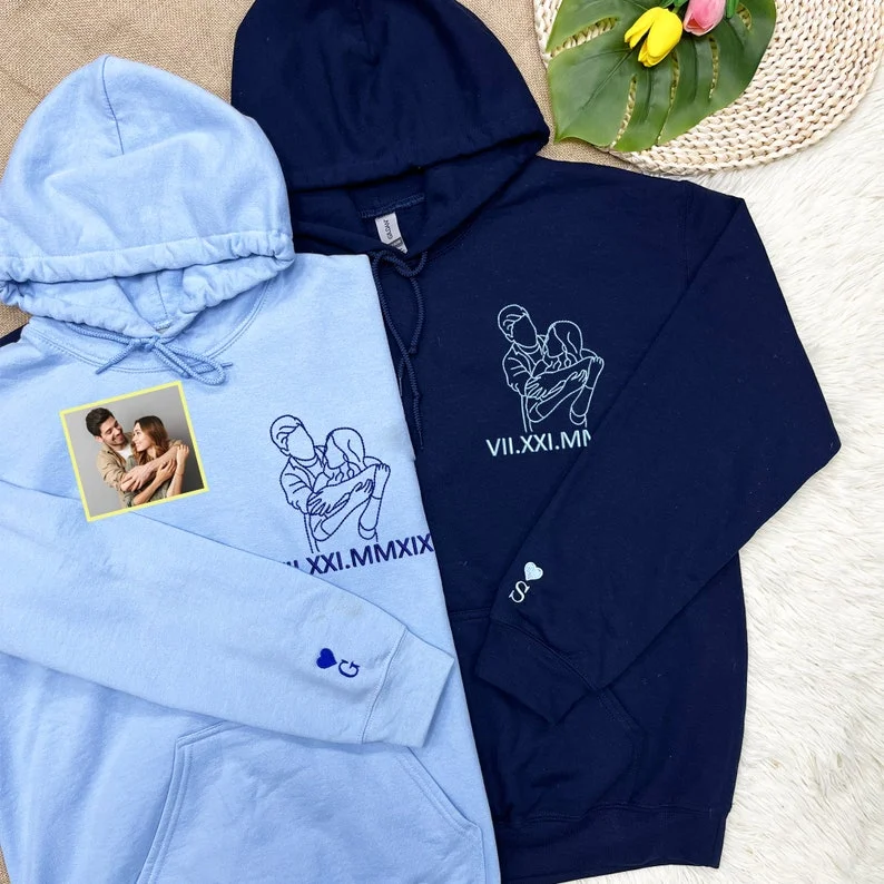 Forlovever Custom Couple Photo Outline Embroidered Roman Numeral Anniversary T-Shirt Sweatshirt Hoodie