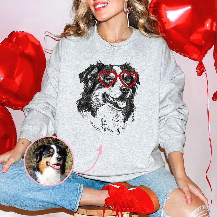 Custom Pet Valentine’s Day Sweatshirt - Personalized Dog/Cat Heart Glasses Graphic Sweats