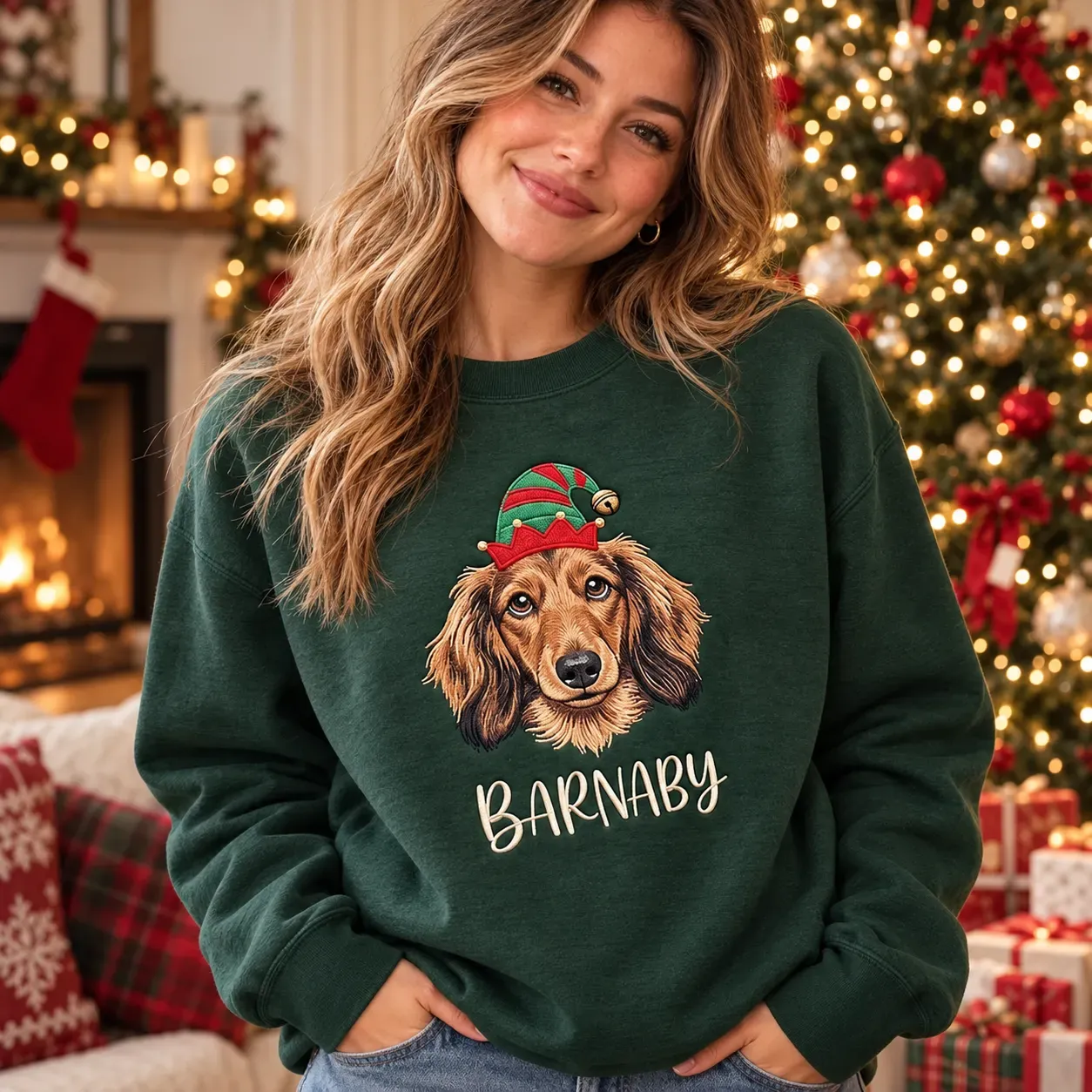 Personalized Pet Christmas Sweatshirt — Embroidered Dog or Cat Portrait with Holiday Hat