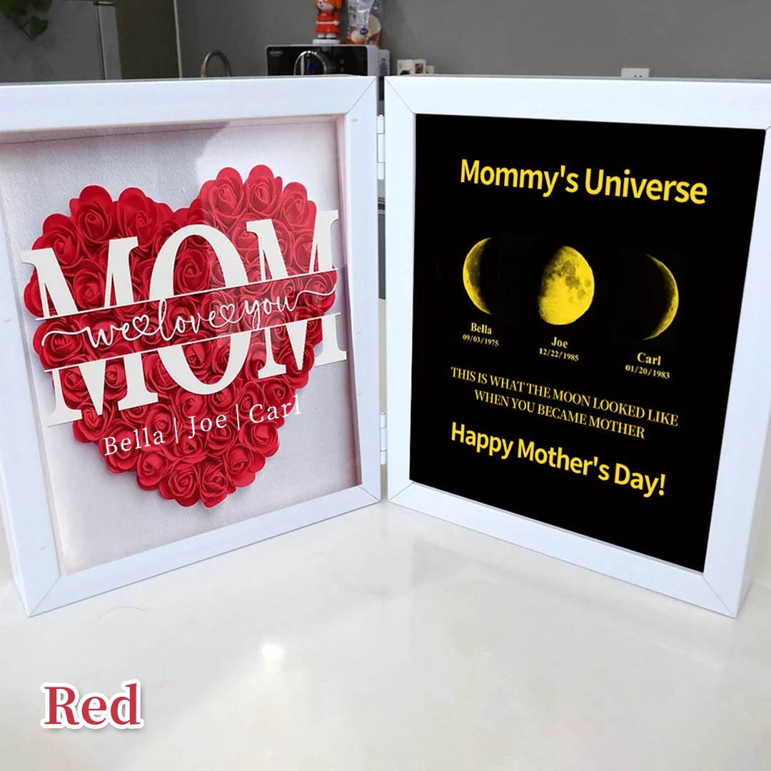 Mum We Love You With REAL MOON PHASE Anniversary Calendar - Mummy's Universe Personalized Heart Shape Flower Shadow Box-forlovever