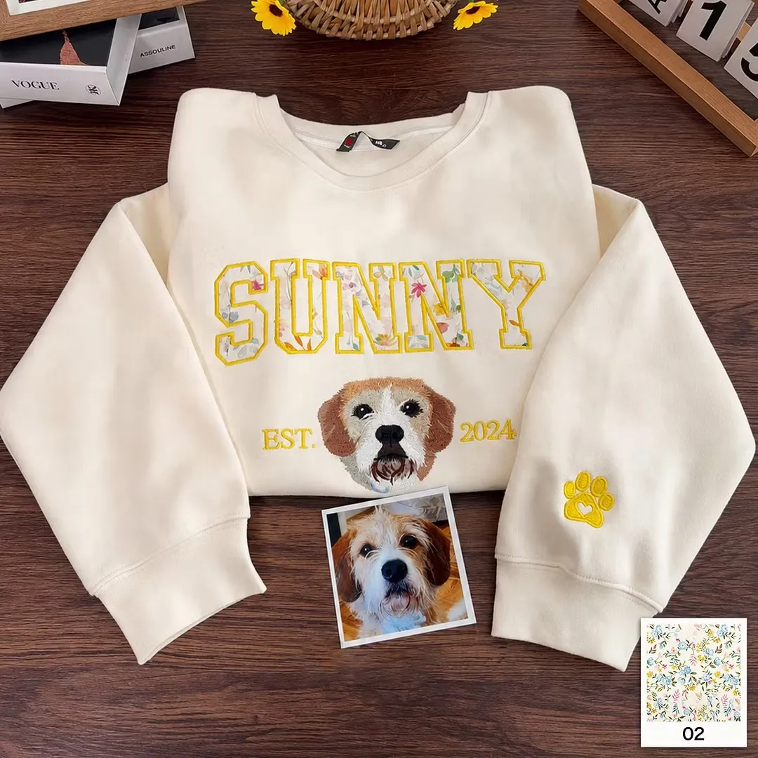 Custom Pet Portrait Floral Applique Embroidered T-Shirt Sweatshirt - Personalized Gift for Pet Lovers with EST Year