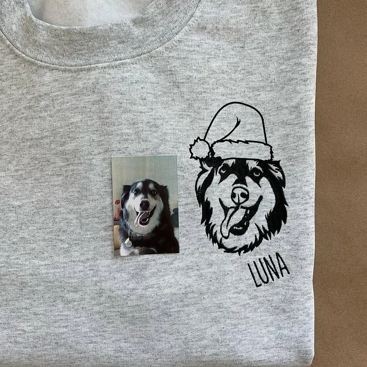 Custom Pet Christmas Hat Solid Color Outline Embroidery Sweatshirts, Hoodies, T-shirts