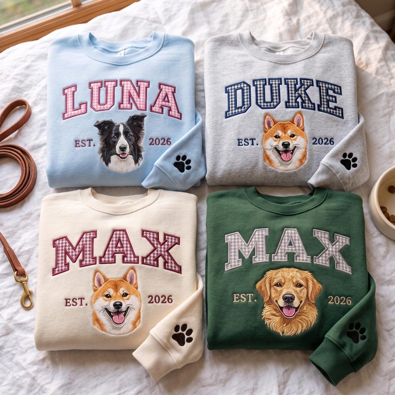 Custom Pet Portrait Embroidered Sweatshirt with Gingham Varsity Name
