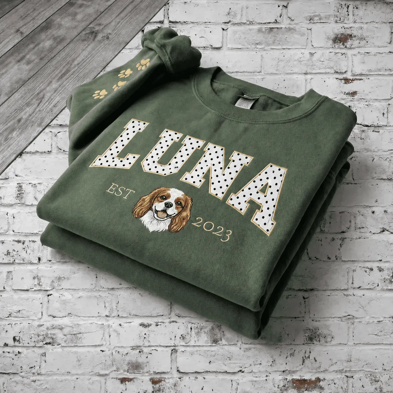 Custom Pet Portrait Embroidered Sweatshirt with Polka Dot Applique Varsity Name