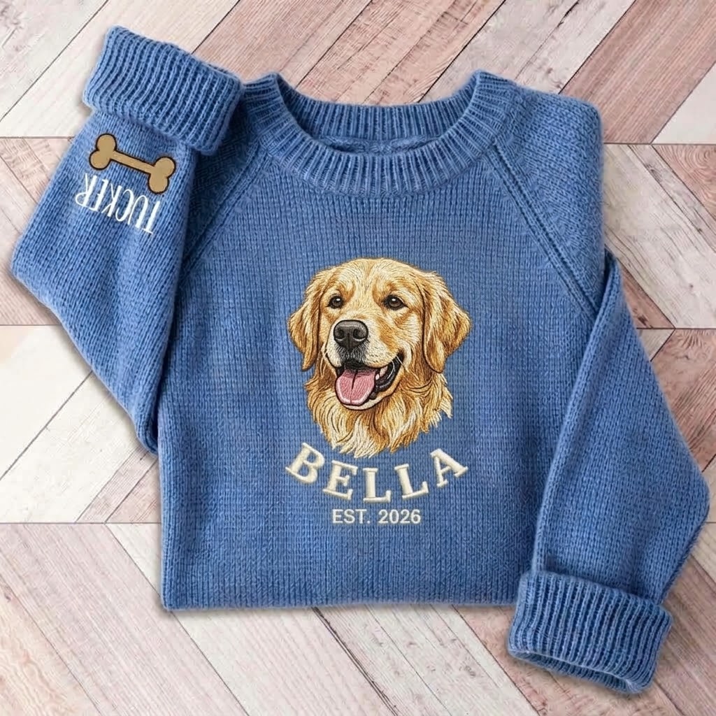 Custom Pet Portrait Knit Sweater, Personalized Dog Embroidered Sweater, Pet Lover Gift