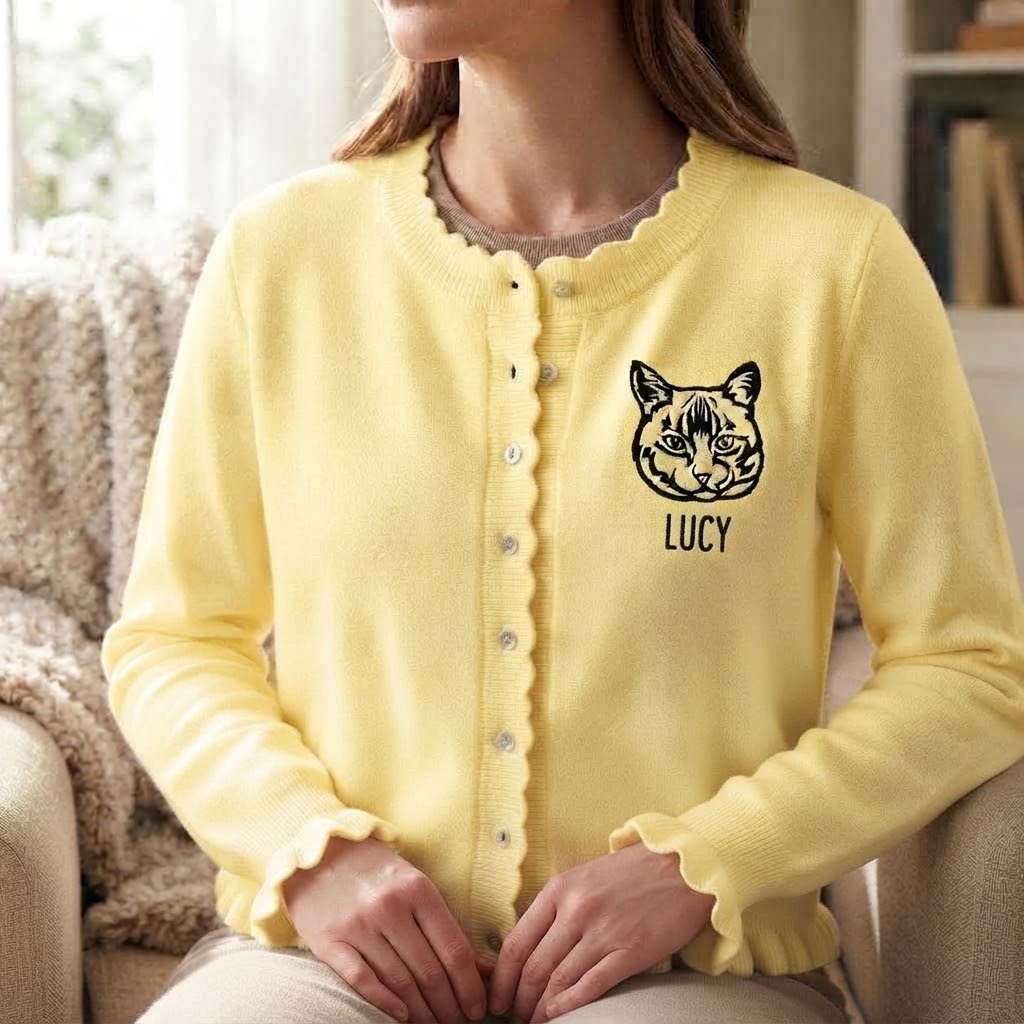 Custom Pet Portrait Ruffle Knit Cardigan, Personalized Embroidered Dog & Cat Sweater, Cozy Fall Winter Outfit for Pet Lovers