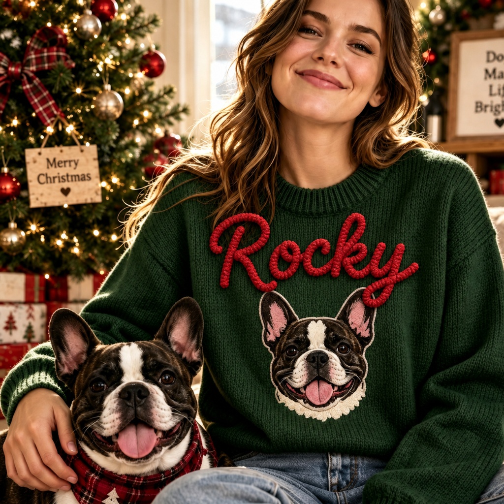Custom Pet Portrait Knit Sweater, Personalized Dog Chenile Embroidered Sweater, Pet Lover Gift
