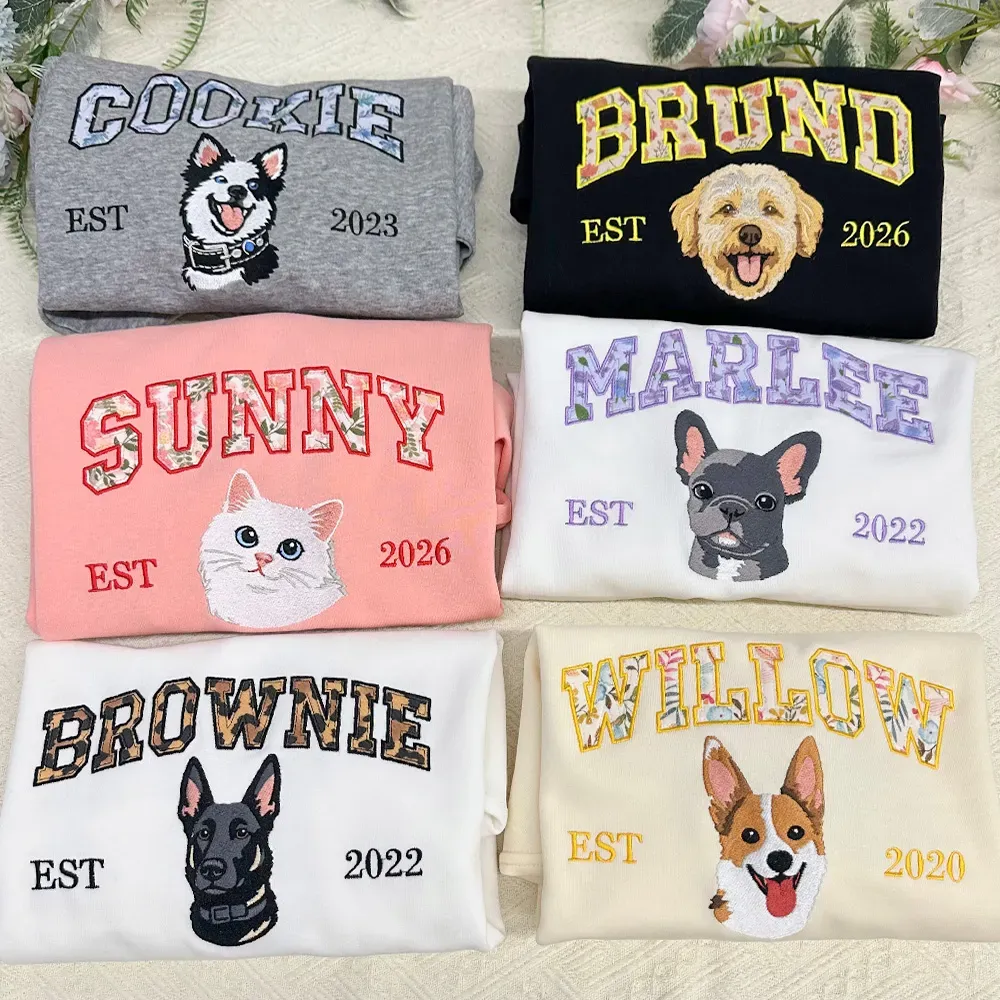Custom Pet Portrait Floral Applique Embroidered T-Shirt Sweatshirt - Personalized Gift for Pet Lovers with EST Year