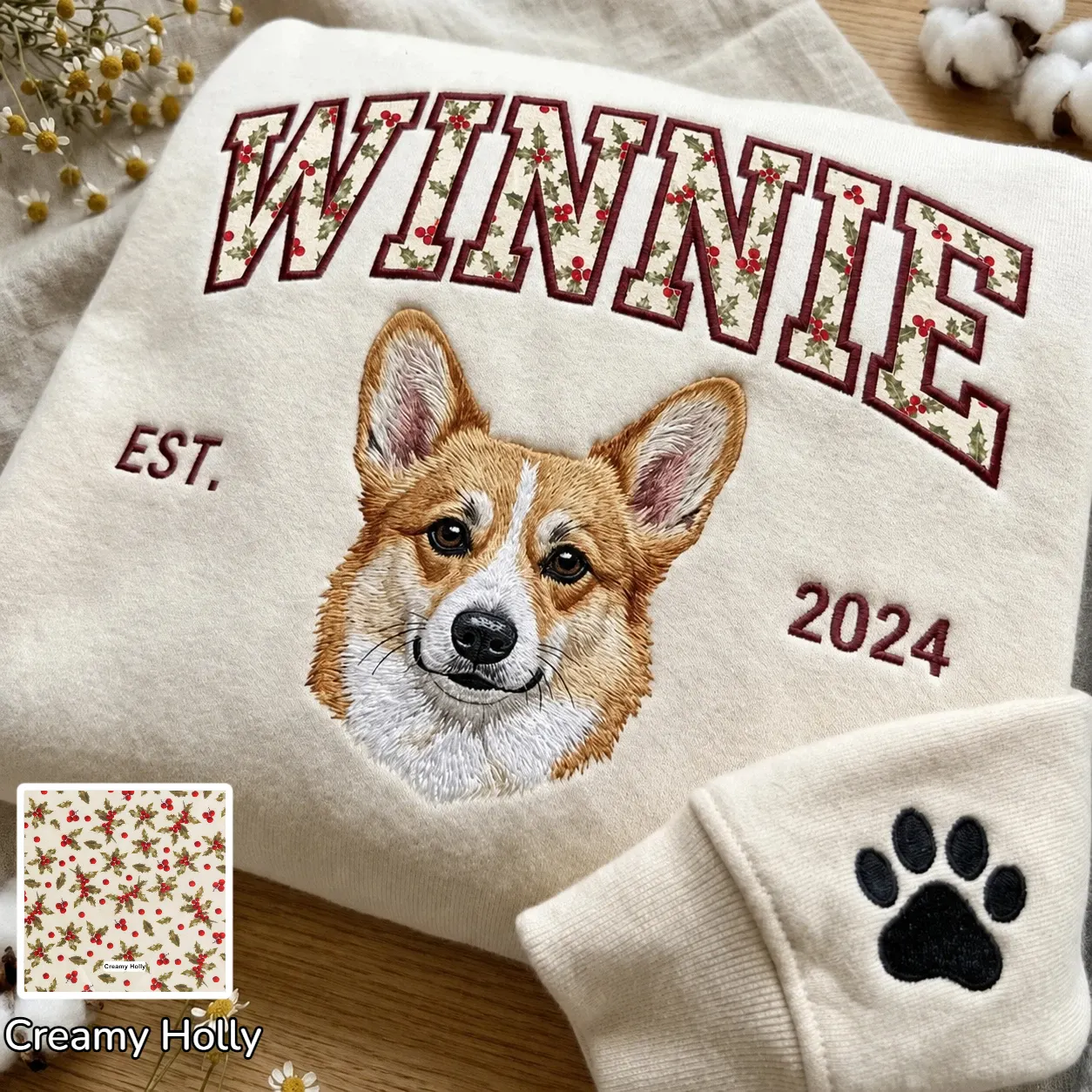 Custom Pet Portrait Embroidered Sweatshirt with Christmas Festive Name Applique