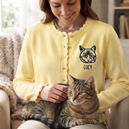 Custom Pet Portrait Ruffle Knit Cardigan, Personalized Embroidered Dog & Cat Sweater, Cozy Fall Winter Outfit for Pet Lovers