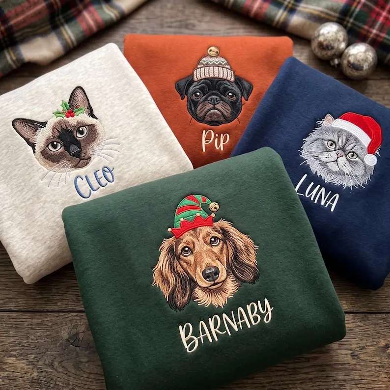 Personalized Pet Christmas Sweatshirt — Embroidered Dog or Cat Portrait with Holiday Hat