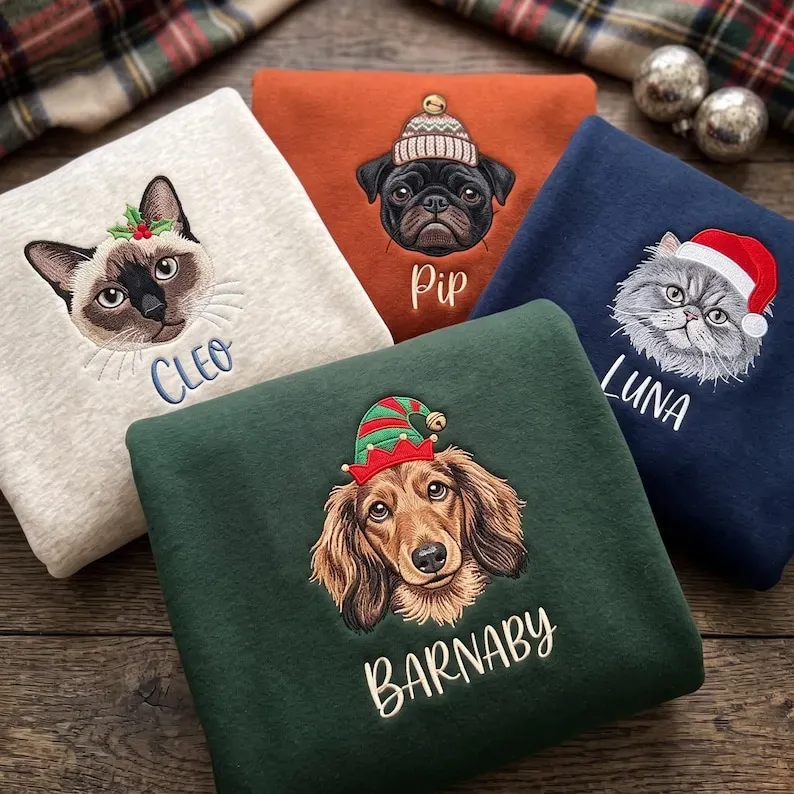 Personalized Pet Christmas Sweatshirt — Embroidered Dog or Cat Portrait with Holiday Hat