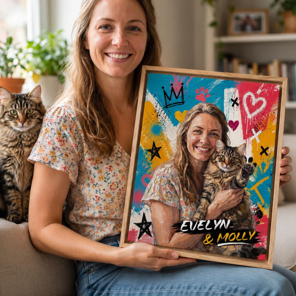 Personalized Graffiti Oil Painting Style Pet and Owner Photo Canvas Prints with Name Wall Decor Ship from USA Birthday Pet Party Gift for Pet Lovers
