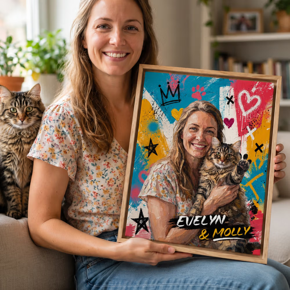 Personalized Graffiti Oil Painting Style Pet and Owner Photo Canvas Prints with Name Wall Decor Ship from USA Birthday Pet Party Gift for Pet Lovers