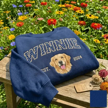 Custom Pet Portrait Embroidered Sweatshirt with Polka Dot Applique Varsity Name