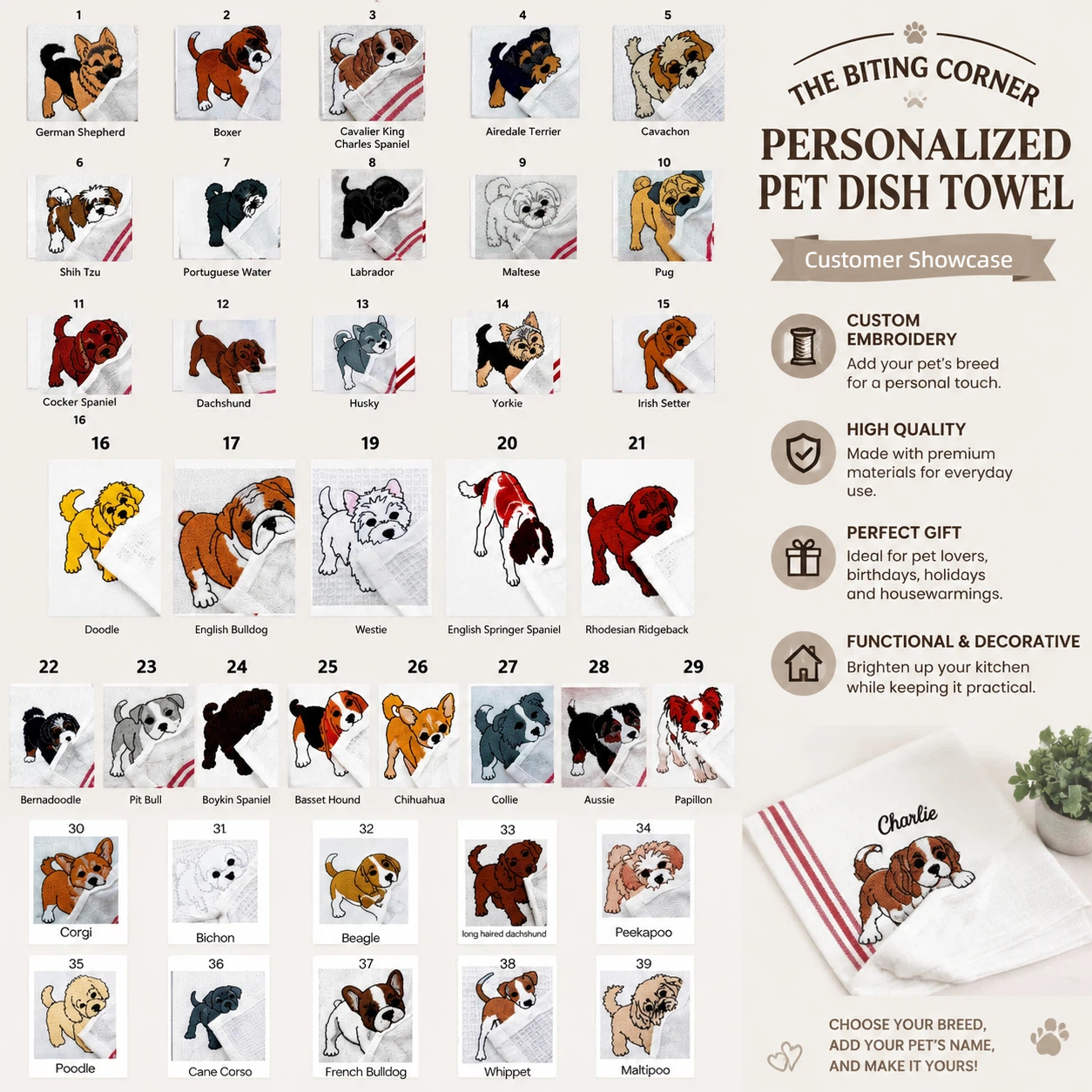 The “Biting Corner” Personalized Pet Dish Towel Custom Embroidered Dog Kitchen Towel Made for Pet Lovers