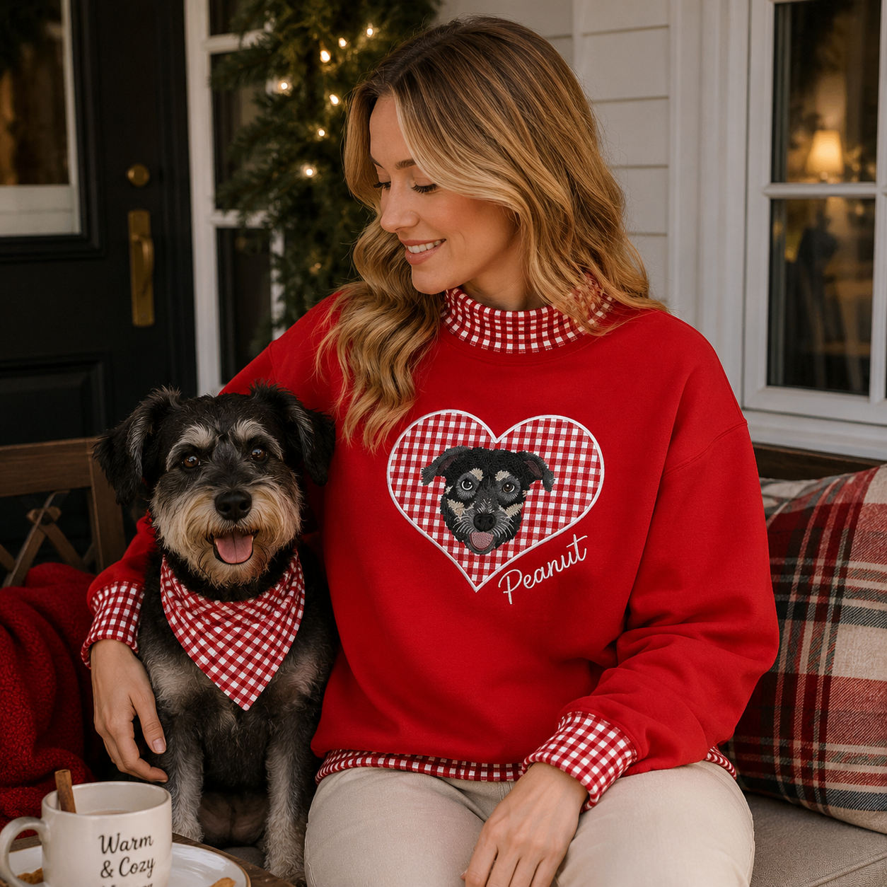 Custom Pet Portrait Embroidered Polka-dot / Gingham Mock Neck with Gingham Applique Heart