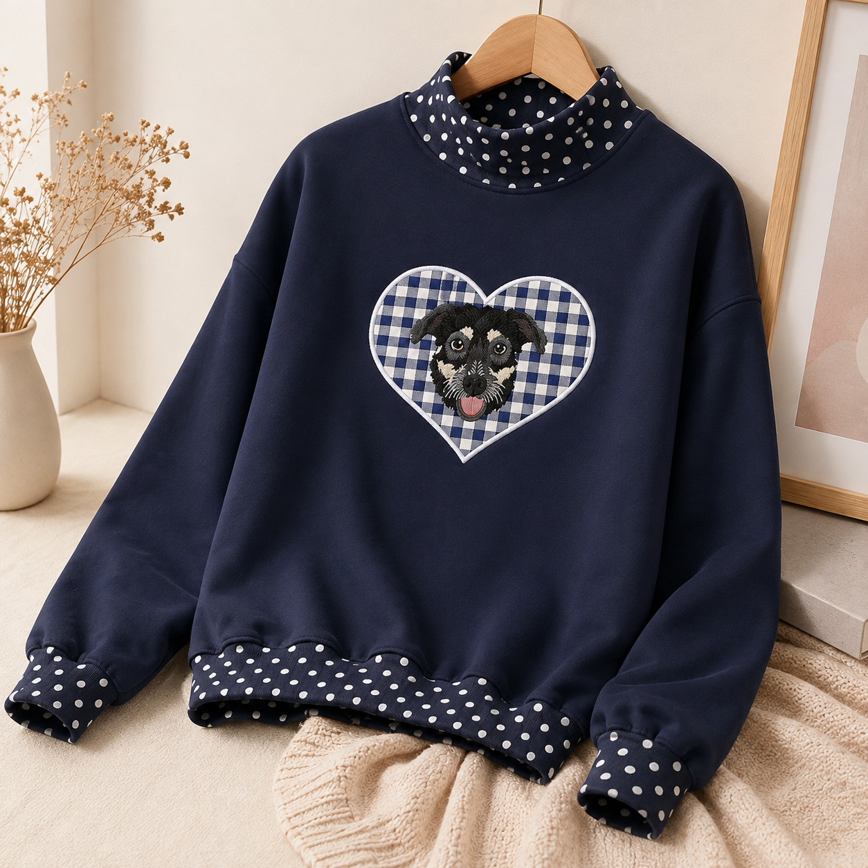 Custom Pet Portrait Embroidered Polka-dot / Gingham Mock Neck with Gingham Applique Heart