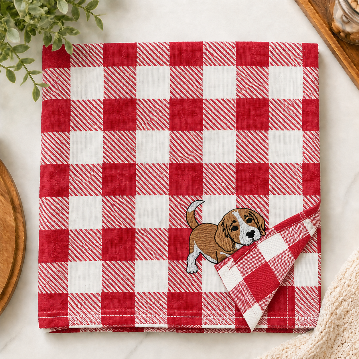 Custom Pet Portrait Beagle Puppy Plaid Kitchen Towel Personalized Dog Lover Gift