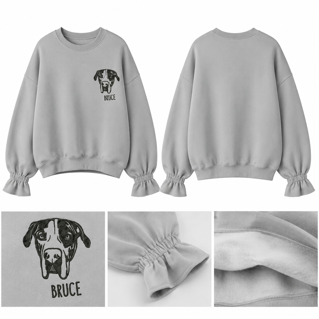 Custom Pet Embroidered Women's Casual Crew Neck Sweatshirt, Personalized Dog Portrait Long Sleeve Ruched Loose Fitting Pullover Top